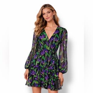 Milly Loren Deco Floral V-Neck Mini Dress Purple Green Cocktail Size 0 Designer